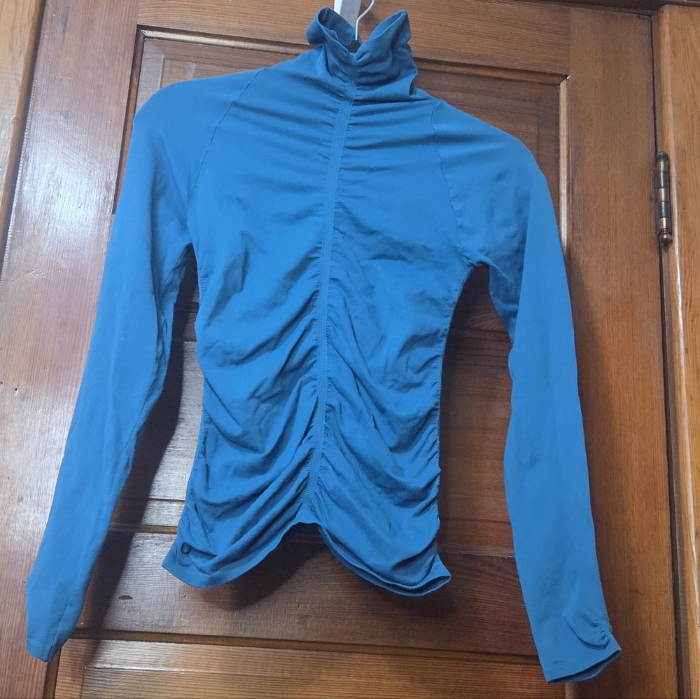Last Tango Teal Blue Long Sleeve Ruched Turtleneck Top